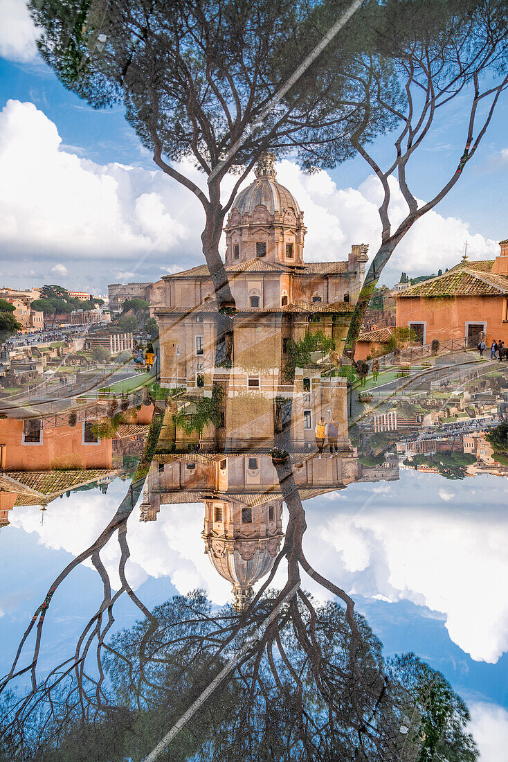 Double exposure of the Chiesa Santio Luca on Palatine hill in Rome, Italy.