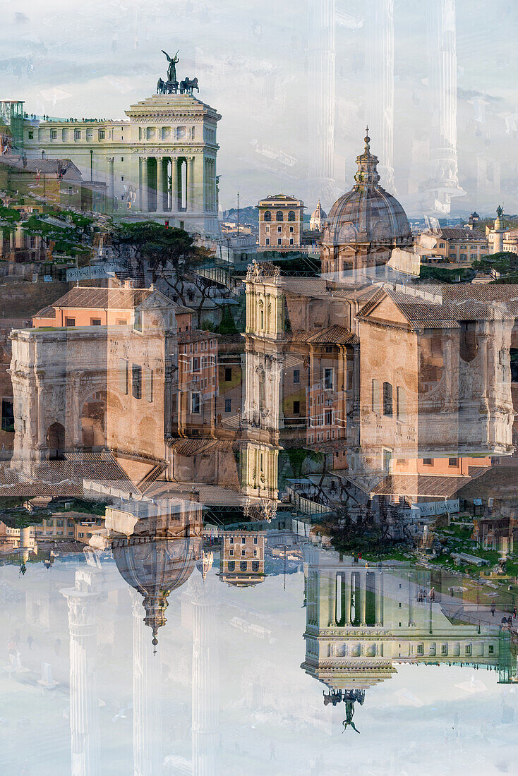 Double exposure of the Roman forum, Palatine hill and the Altare della Patria in Rome, Italy.