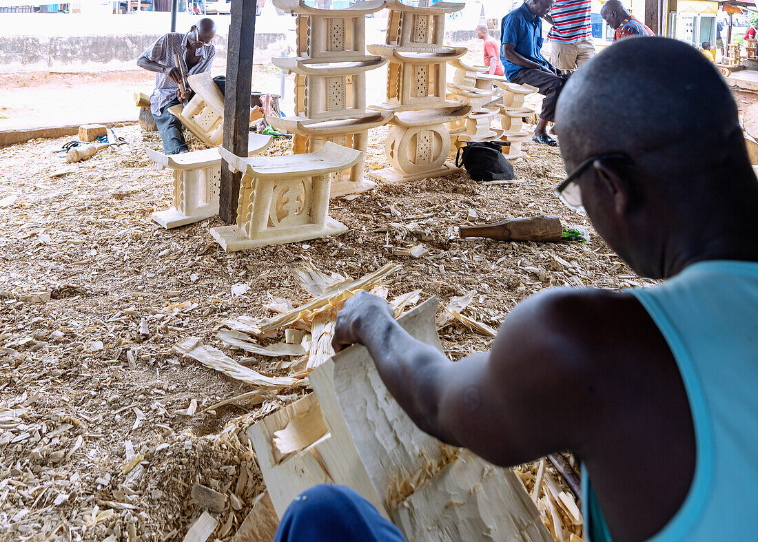 Ashanti wooden stools made by carvers at Ahwiaa north of Kumasi in the Ashanti Region of central Ghana in West Africa