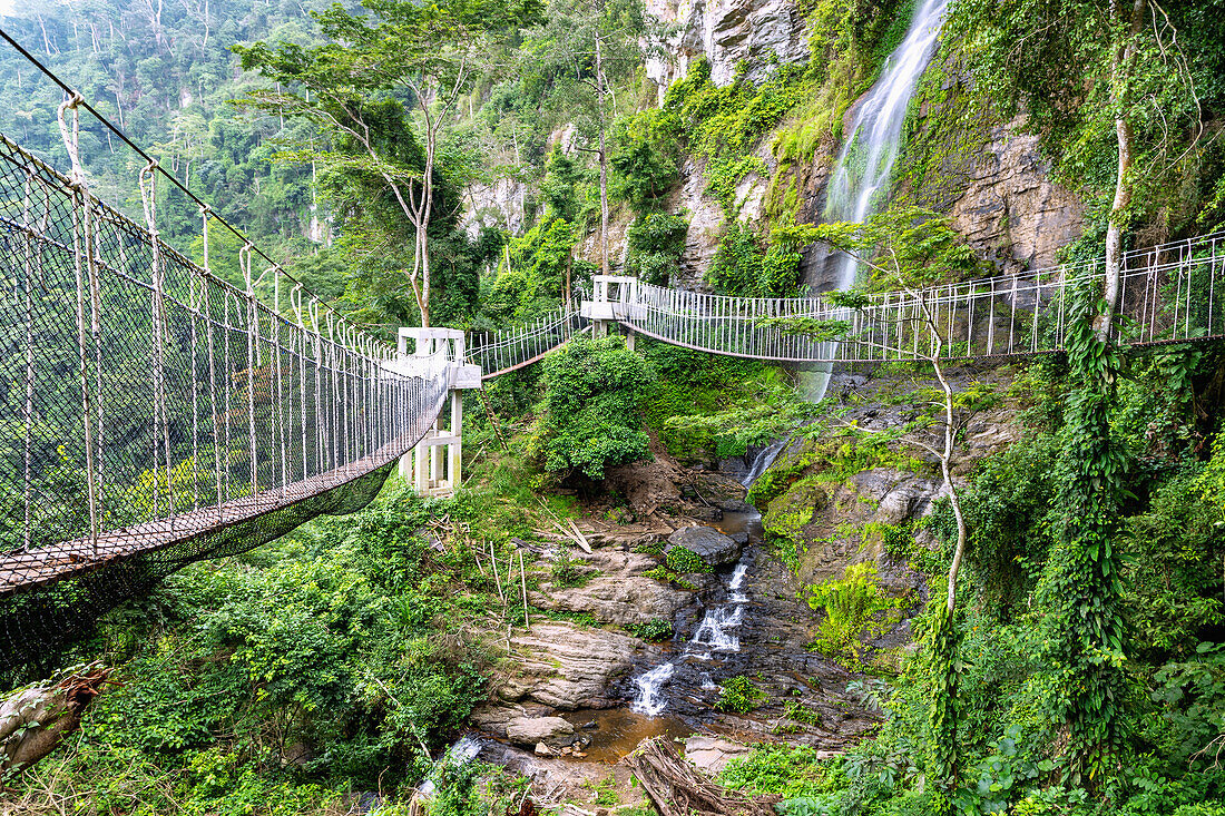 Ote Waterfall and suspension bridges in the Avatime Mountains at Ho in the Volta Region of eastern Ghana in West Africa