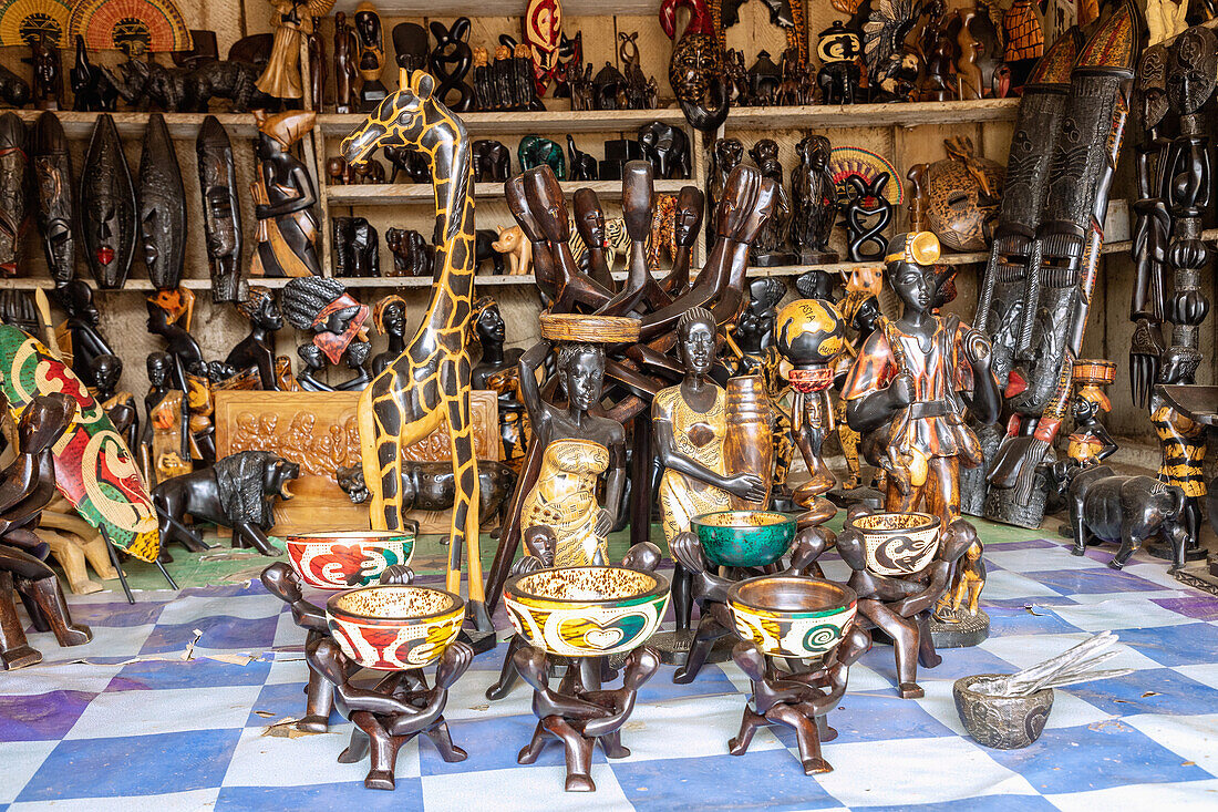 Wood carving shop at the carvers in Ahwiaa north of Kumasi in the Ashanti region of central Ghana in West Africa