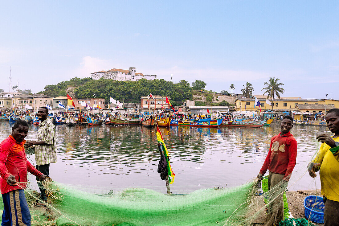 Fishing port and Fort São Jago da Mina in Elmina on the Gold Coast in the Central Region of southern Ghana in West Africa