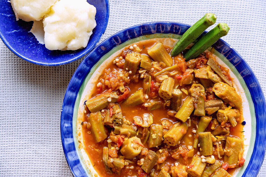 Okro stew, West African okra stew, with fufu, served in Ghana in West Africa