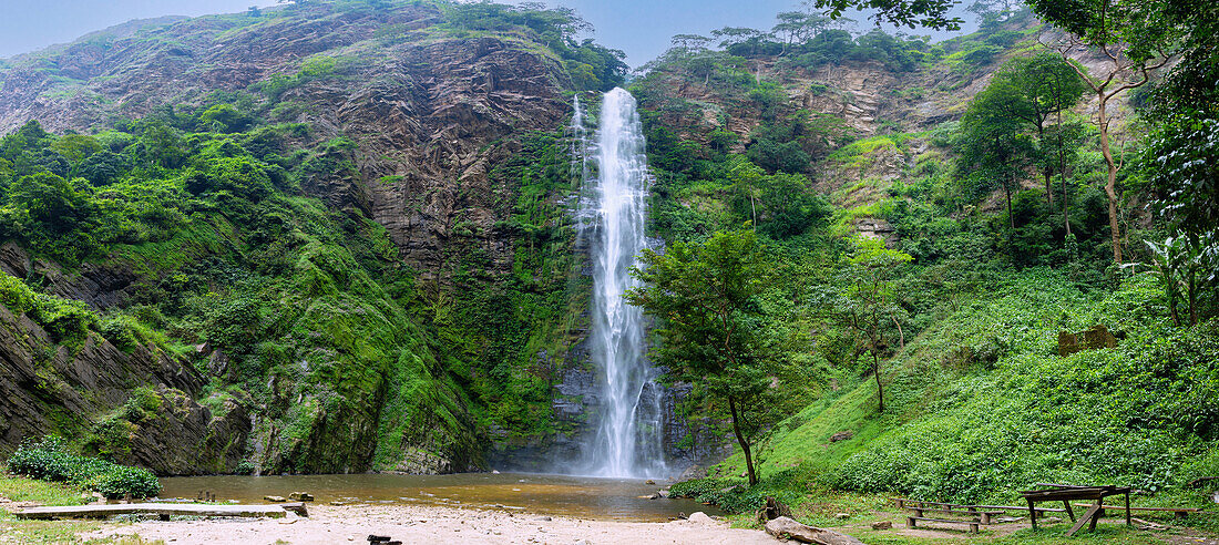 Wli Waterfall in Agumatsa Nature Reserve in the rainforest landscape near Hohoe in the Volta Region of eastern Ghana in West Africa