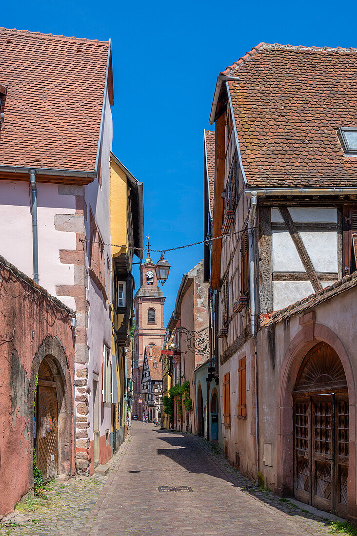 Alley in Riquewihr, Reichenweier, Haut-Rhin, Route des Vins d'Alsace, Alsace Wine Route, Grand Est, Alsace-Champagne-Ardenne-Lorraine, France
