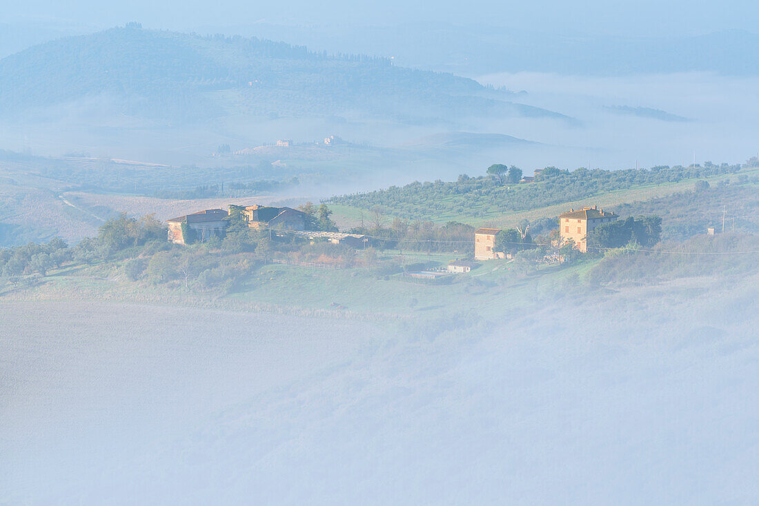 Landscape at sunrise around Volterra, Province of Pisa, Tuscany, Italy, Europe