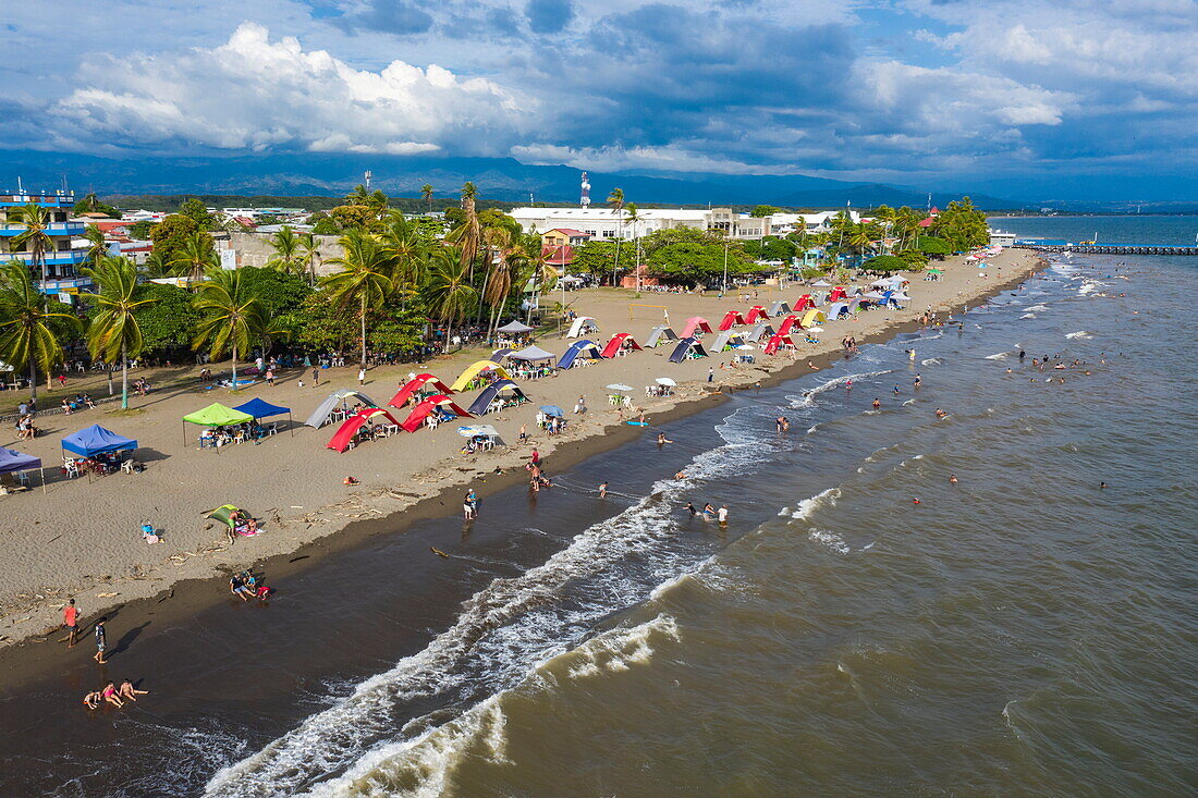 Aerial view of people enjoying a Sunday afternoon at the beach, Puntarenas, Puntarenas, Costa Rica, Central America