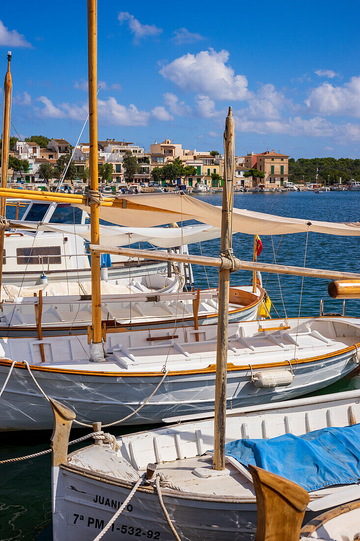 Sailing boats in Portocolom harbour, Mallorca, Balearic Islands, Spain, Europe