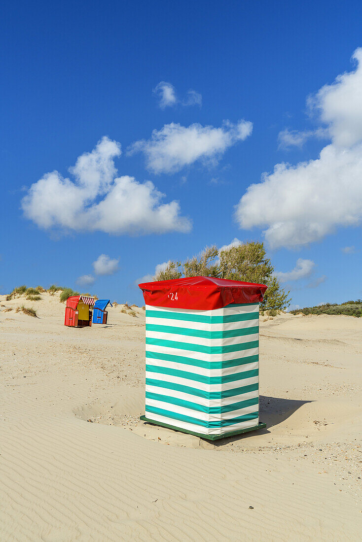 Beach chairs and beach tents on the beach, Borkum Island, Lower Saxony, Germany