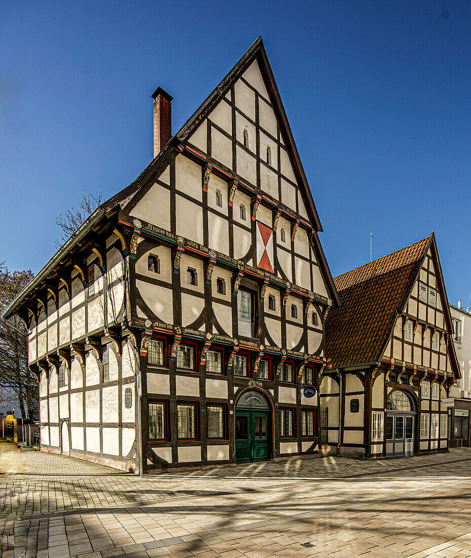 Half-timbered houses in the old town of Herford: Remensniderhaus and Engelkinghaus, Brüderstrasse, Herford, North Rhine-Westphalia, Germany