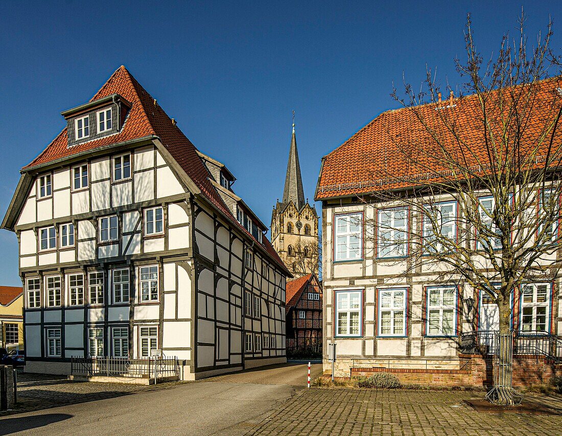 Half-timbered houses from the 17th century on Elisabethstrasse, in the background the Minster Church, Herford old town, North Rhine-Westphalia, Germany
