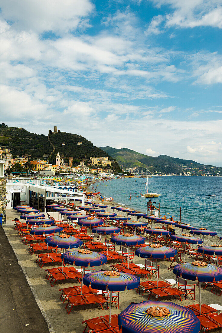 Colorful umbrellas on the beach, Noli, Riviera di Ponente, Liguria, Italy