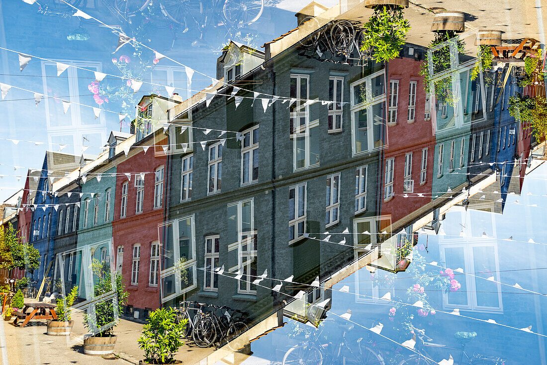 Double exposure of quiet colorful neighbourhood Olufsvej in Copenhagen, Denmark.