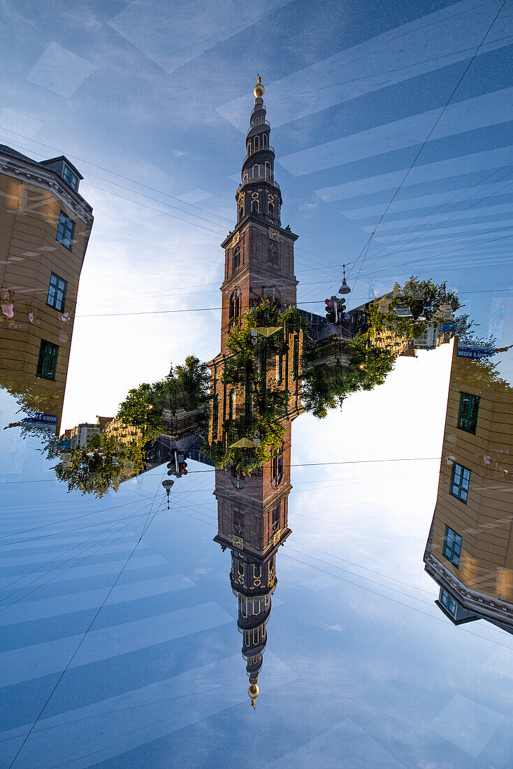 Double exposure of the Church of Our Saviour, a baroque church in Copenhagen, Denmark, most famous for the external spiral winding staircase that can be climbed to the top.