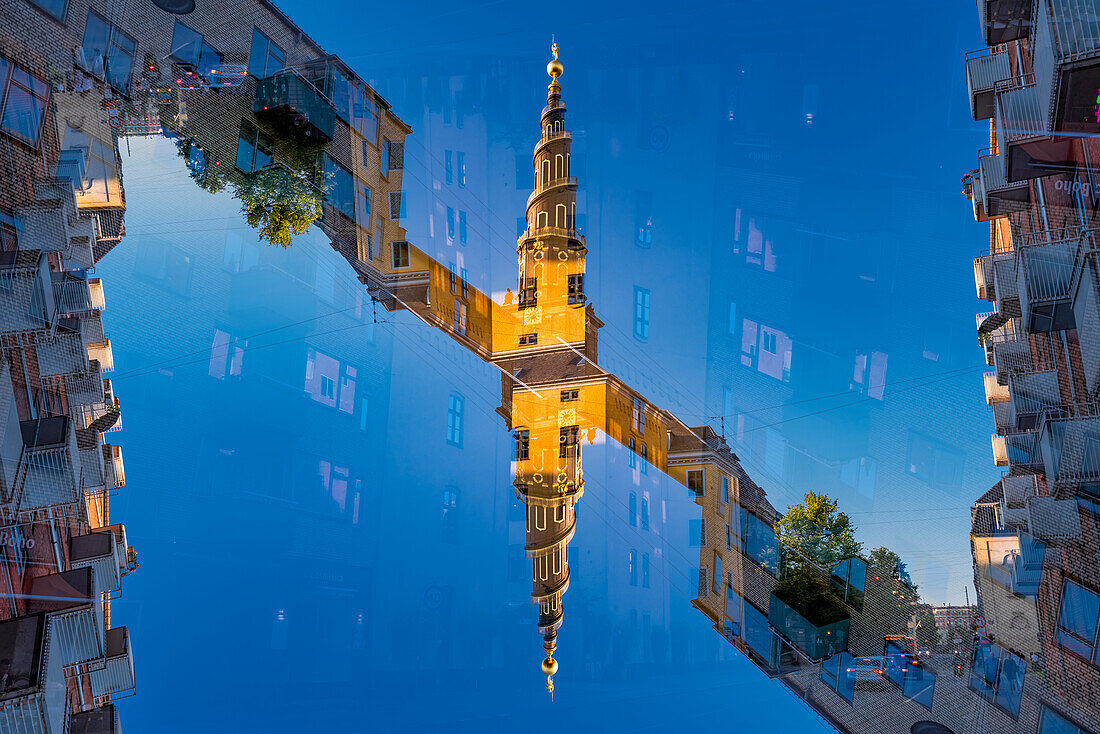 Double exposure of the Church of Our Saviour, a baroque church in Copenhagen, Denmark, most famous for the external spiral winding staircase that can be climbed to the top.