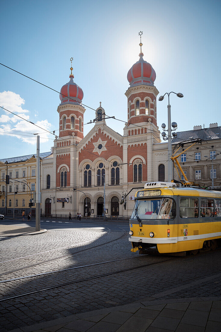 Tram passes Great Synagogue (Velká synagoga) in Pilsen (Plzeň), Bohemia, Czech Republic, Europe