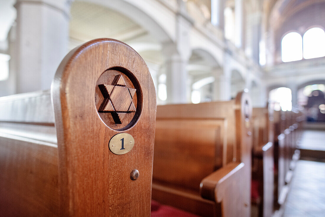 Star of David on bench in the Great Synagogue (Velká synagoga) in Pilsen (Plzeň), Bohemia, Czech Republic, Europe