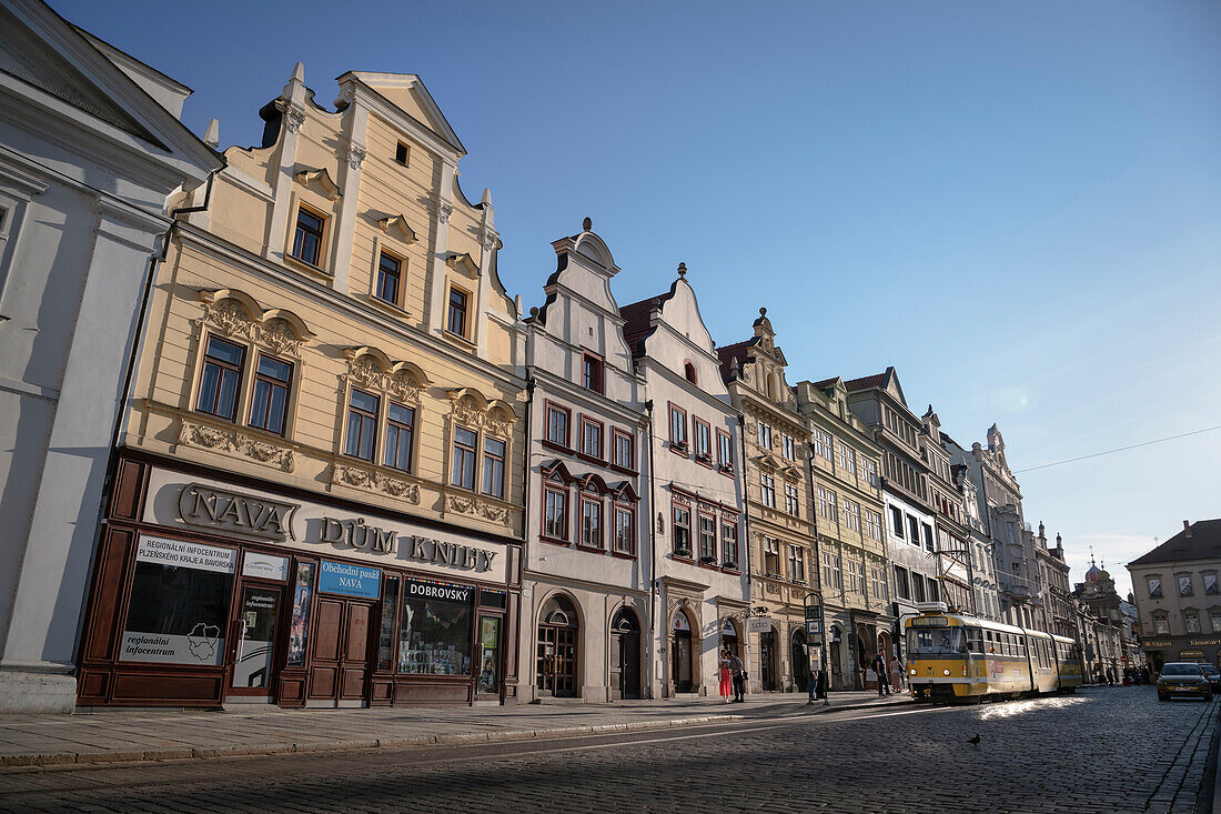 historic apartment buildings with tram at Republic Square, Pilsen (Plzeň), Bohemia, Czech Republic, Europe