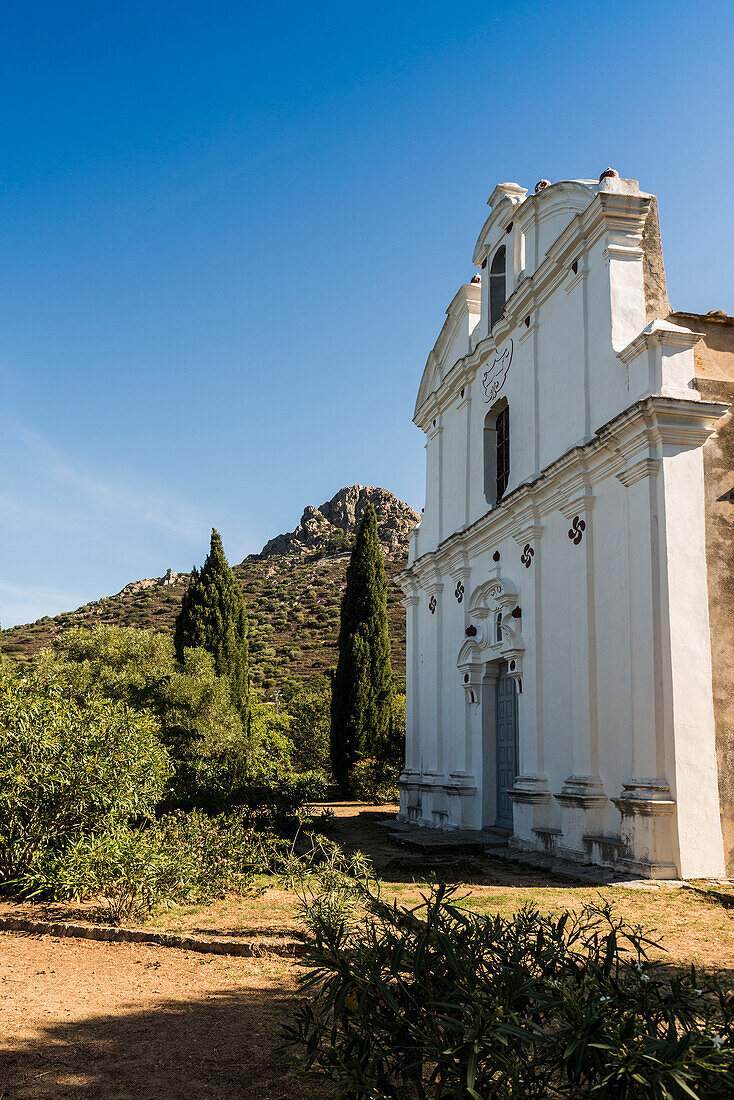 Church in the mountains, Notre Dame de Lazio, near Corbara, Balagne, Haute-Corse department, Corsica, Mediterranean Sea, France