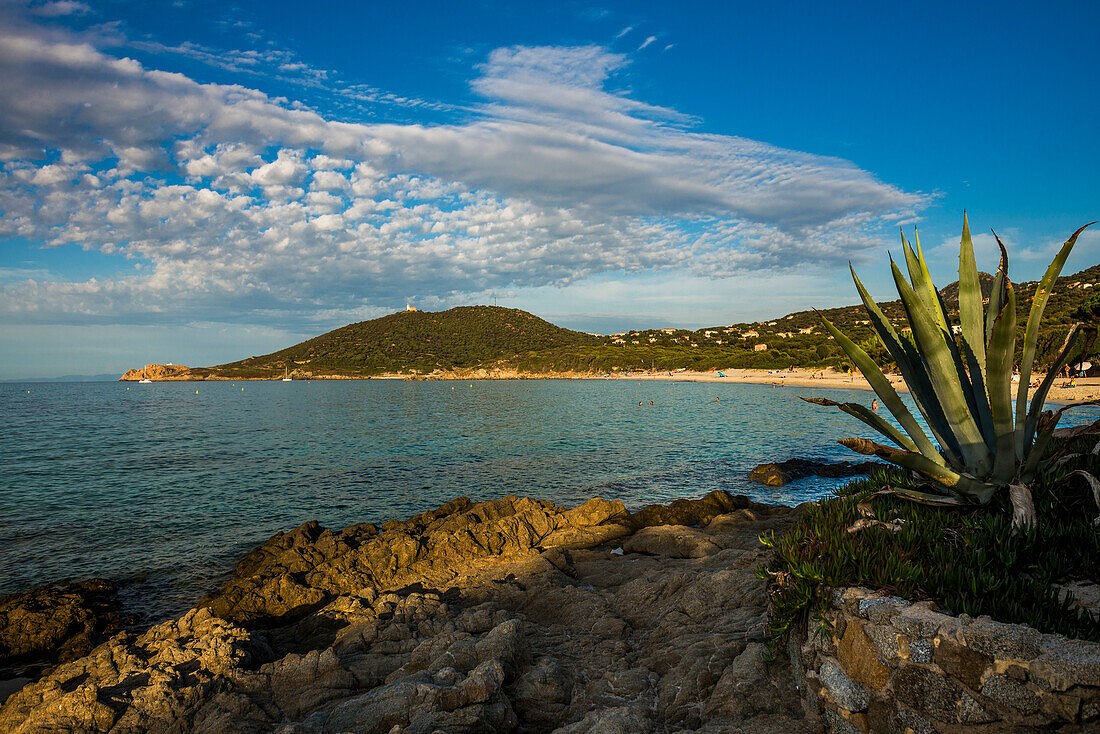 Blick zum Plage d'Aregno, Algajola, bei Calvi, Département Haute-Corse, Korsika, Mittelmeer, Frankreich