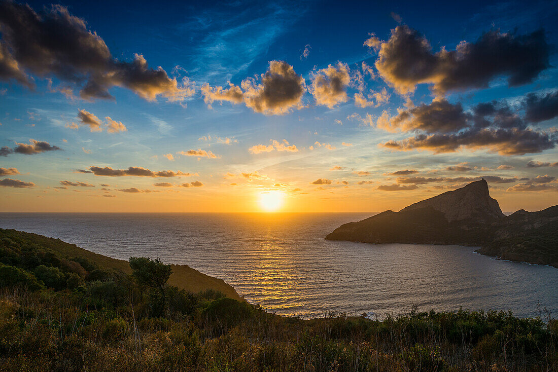 Sunset, Capo Rosso, Piana, Haute-Corse Department, West Coast, Corsica, Mediterranean Sea, France