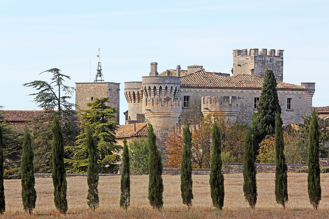 Alte Burg mit Zypressen, Alpes-de-Haute-Provence, Provence-Alpes-Côte d'Azur, Frankreich