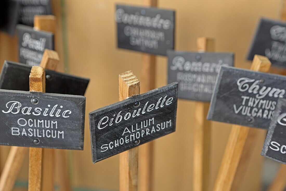 Chalk herbal signs on market day in Caromb, Vaucluse, Provence-Alpes-Côte d'Azur, France