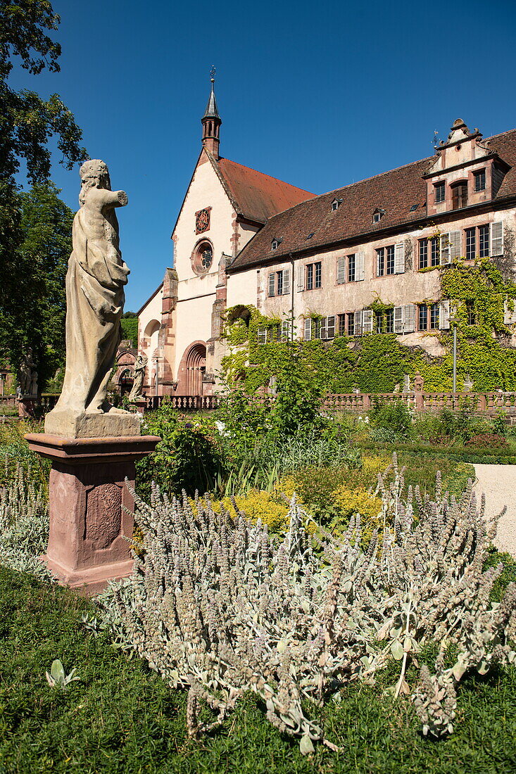 Statue in the garden in front of Bronnbach Monastery, Wertheim, Reichholzheim, Franconia, Baden-Wuerttemberg, Germany, Europe