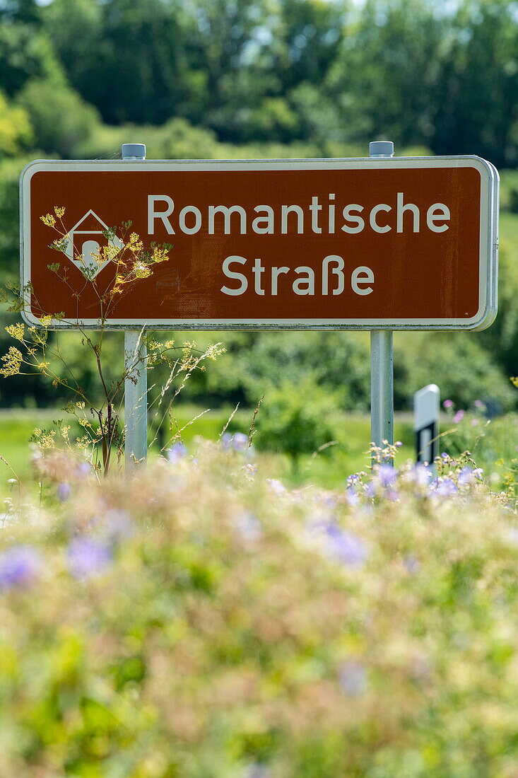 &quot;Romantic Road&quot; road sign, Creglingen, Franconia, Bavaria, Germany, Europe