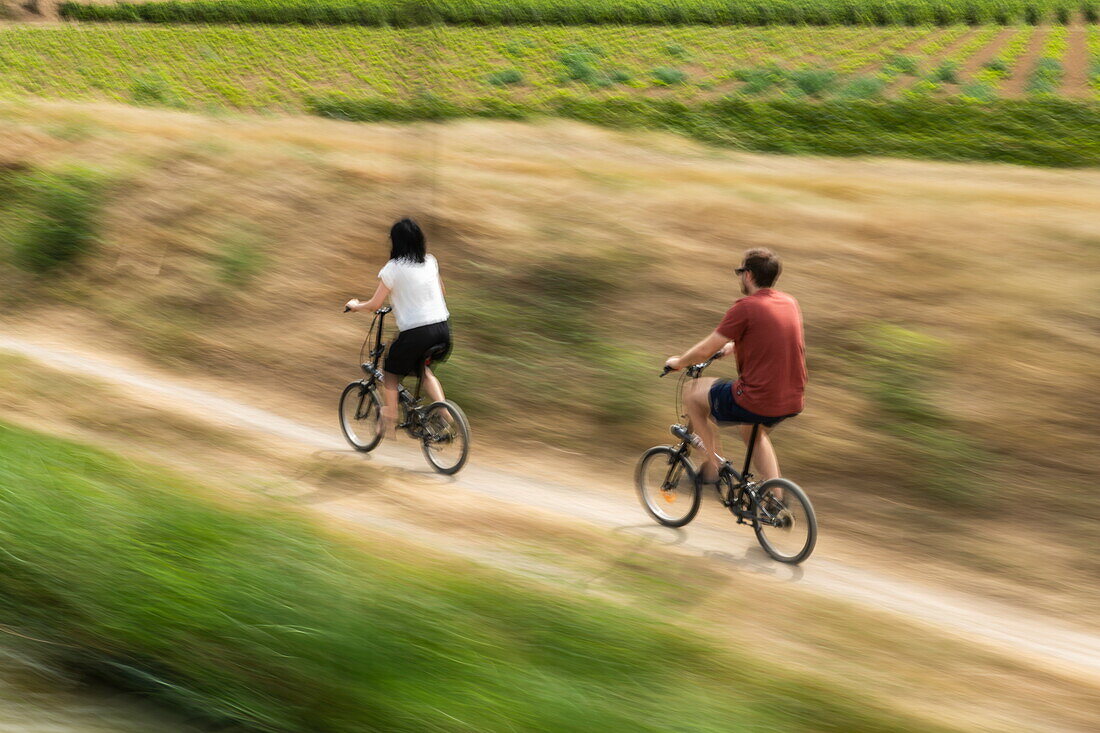 Zwei Radfahrer auf Feldweg entlang des Canal du Midi, in der Nähe von Argens-Minervois, Aude, Frankreich, Europa