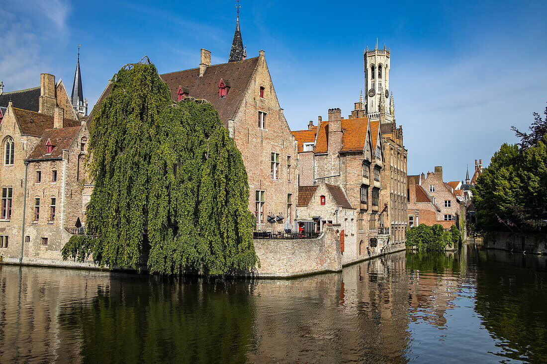Canal with old buildings and belfry, Bruges, West Flanders, Belgium, Europe