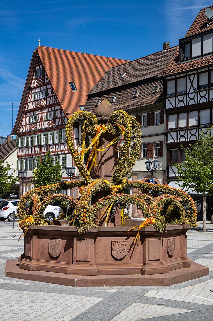 Fountain decorated for Easter (Osterbrunnen), Tauberbischofsheim, Baden-Wuerttemberg, Germany, Europe