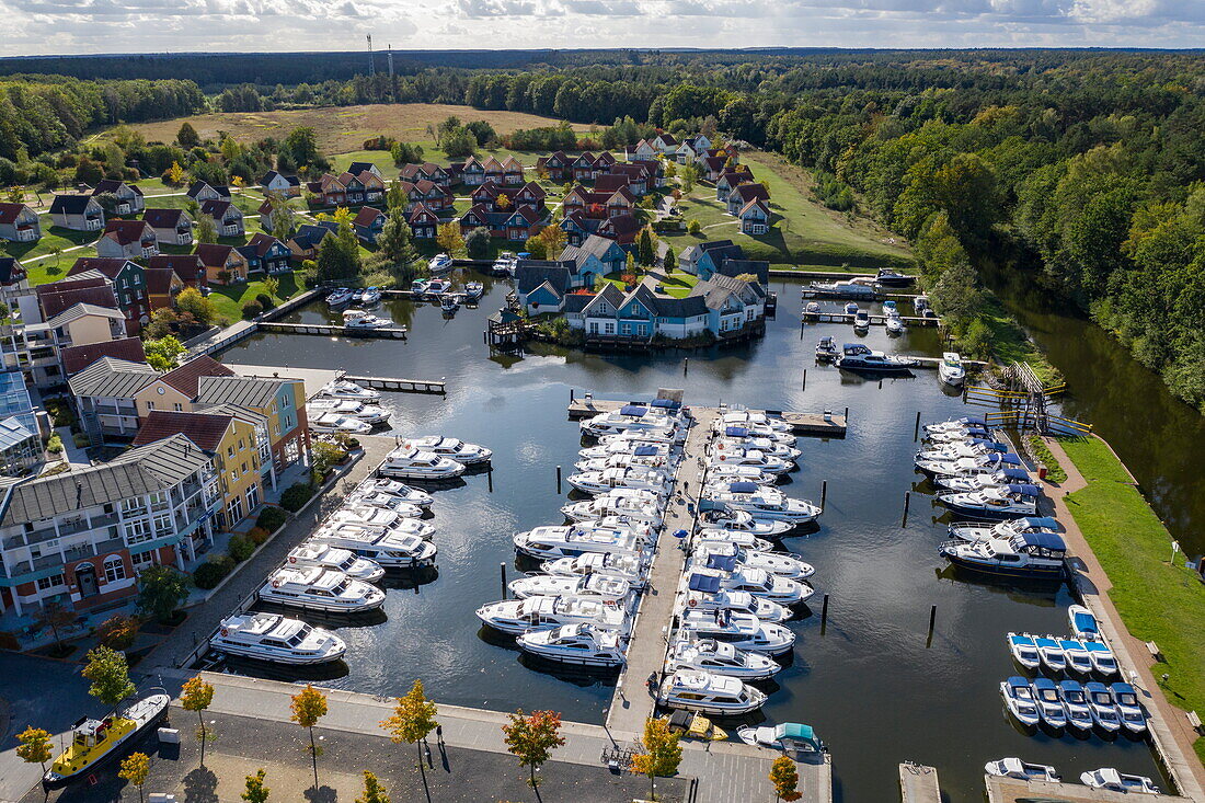 Aerial view of Marina Wolfsbruch with Precise Resort Marina Wolfsbruch and Le Boat houseboat base, Rheinsberg Prebelow, Brandenburg, Germany, Europe