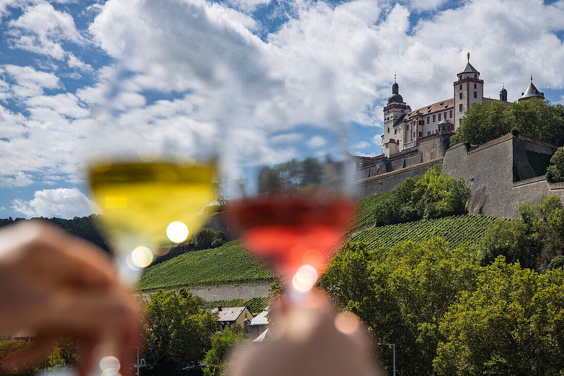 Anstoßende Weingläser am Mainufer mit Blick auf die Festung Marienberg, Würzburg, Franken, Bayern, Deutschland, Europa