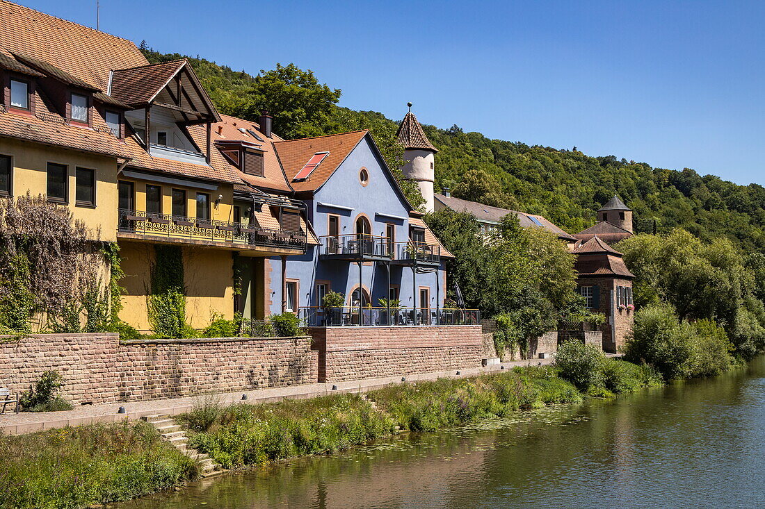 Houses along the Tauber River, Wertheim, Franconia, Baden-Wuerttemberg, Germany, Europe