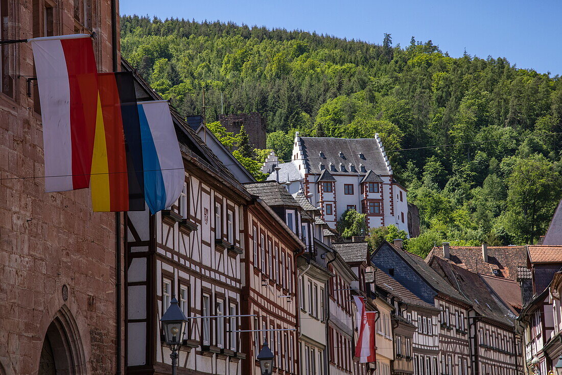 Half-timbered houses in the old town with Mildenburg, Miltenberg, Spessart-Mainland, Franconia, Bavaria, Germany, Europe