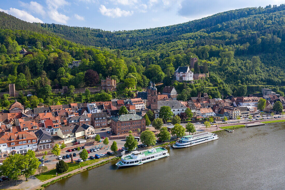 Aerial view of excursion boats on the Main with town, Miltenberg, Spessart-Mainland, Franconia, Bavaria, Germany, Europe