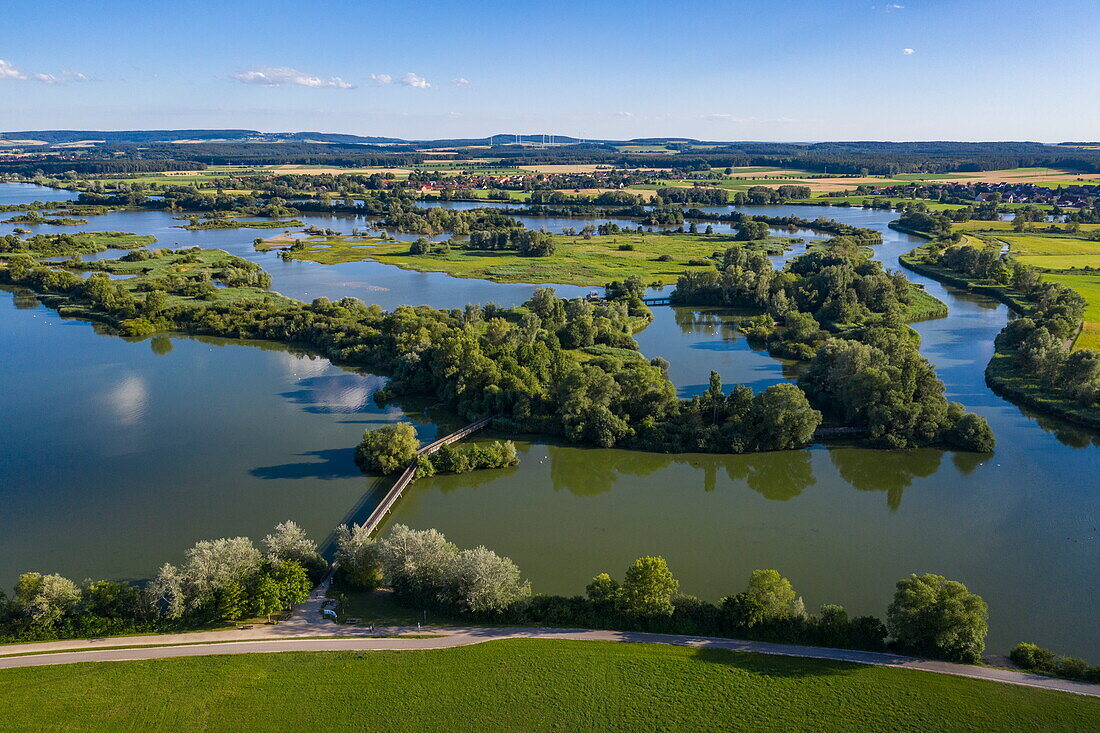 Aerial view of Altmühlsee with Vogelinsel, Muhr am See, Franconia, Bavaria, Germany, Europe