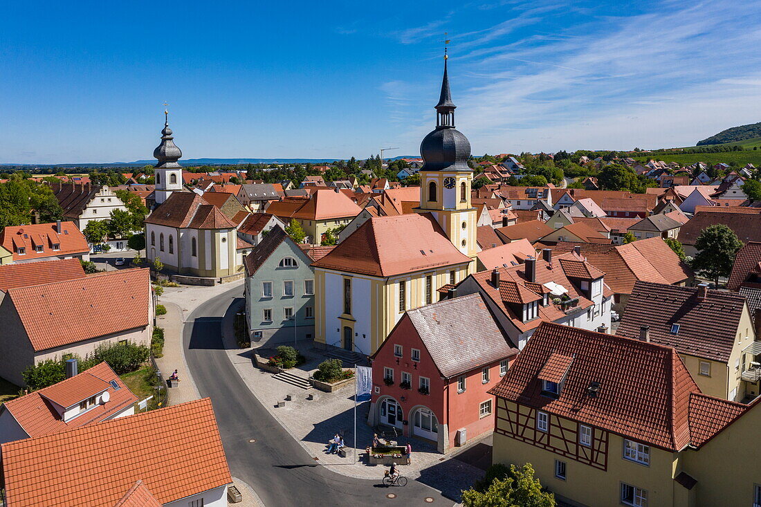 Aerial view of the city center with churches, Rödelsee, Franconia, Bavaria, Germany, Europe