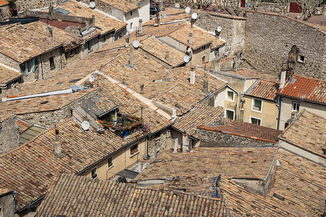 View over roofs with traditional clay roof tiles, Viviers, Drôme, Auvergne-Rhône-Alpes, France, Europe