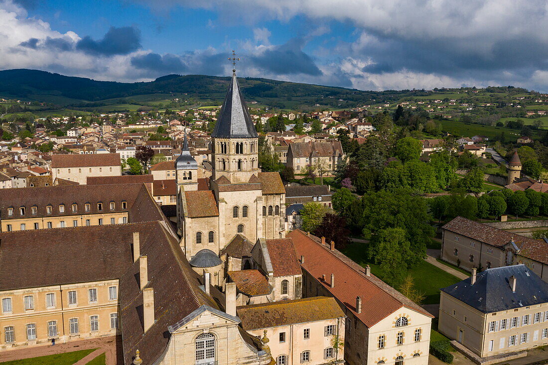 Aerial view of Cluny Benedictine Abbey and town, Cluny, Saône-et-Loire, Bourgogne-Franche-Comté, France, Europe