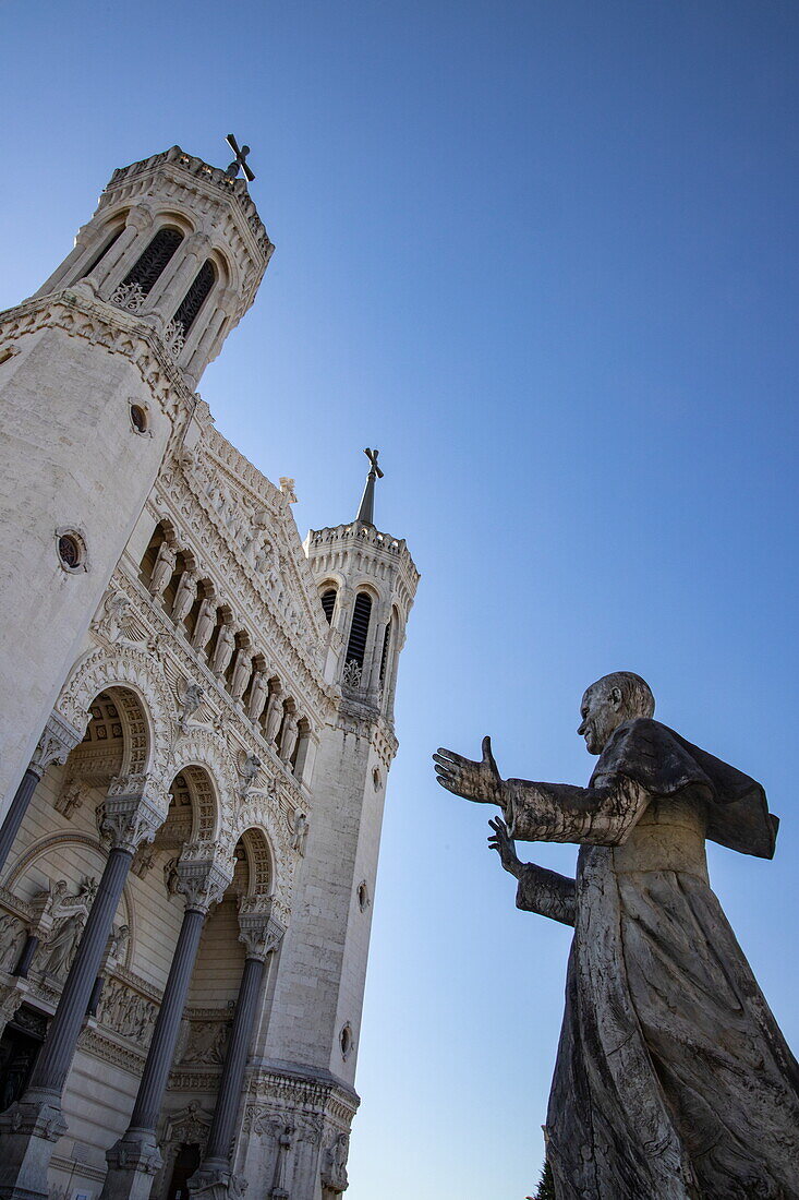 Statue of Pope John Paul II and Basilica of Notre-Dame de Fourviere, Lyon, Lyon, Rhone Region, France, Europe