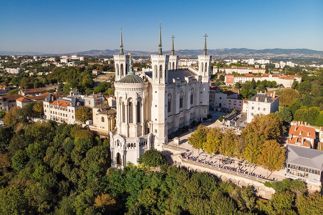 Aerial view of the Basilica of Notre-Dame de Fourviere, 5th arrondissement of Lyon, Lyon, Rhone, France, Europe