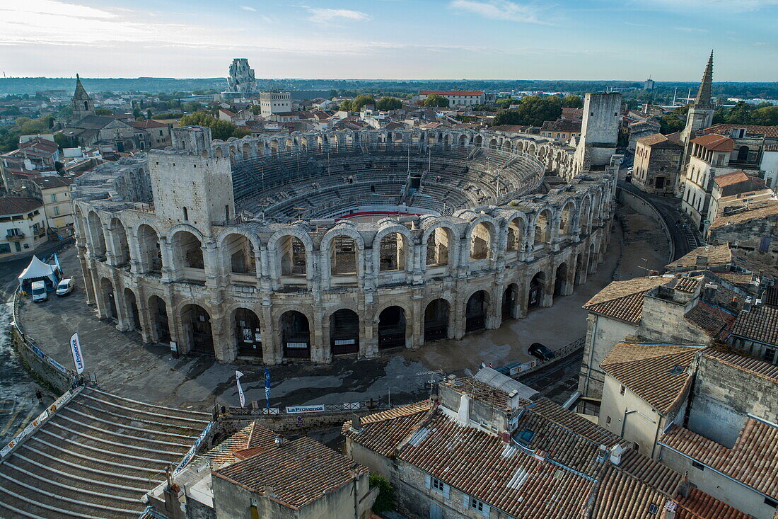 Aerial view of Arles Amphitheater and old town, Arles, Bouches-du-Rhone, France, Europe