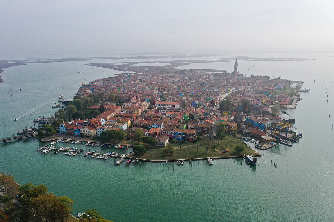 Aerial view of the island of Burano in the Venice Lagoon, Burano, Venice, Italy, Europe