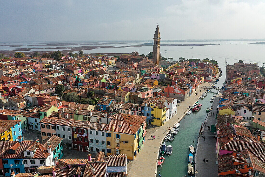 Aerial view of Burano with Il Campanile Storto in the Church of San Martino, Burano, Venice, Italy, Europe