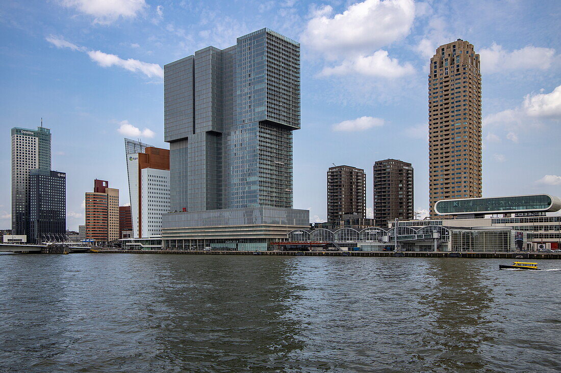 Modern city buildings seen from the pleasure boat on the Nieuwe Maas, Rotterdam, South Holland, The Netherlands, Europe
