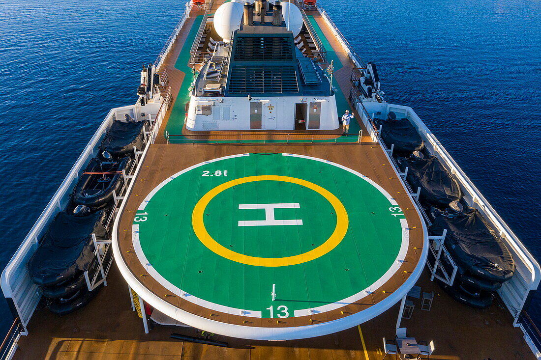 Aerial view of helipad aboard expedition cruise ship World Explorer (nicko cruises), Fiskardo, Kefalonia, Ionian Islands, Greece, Europe