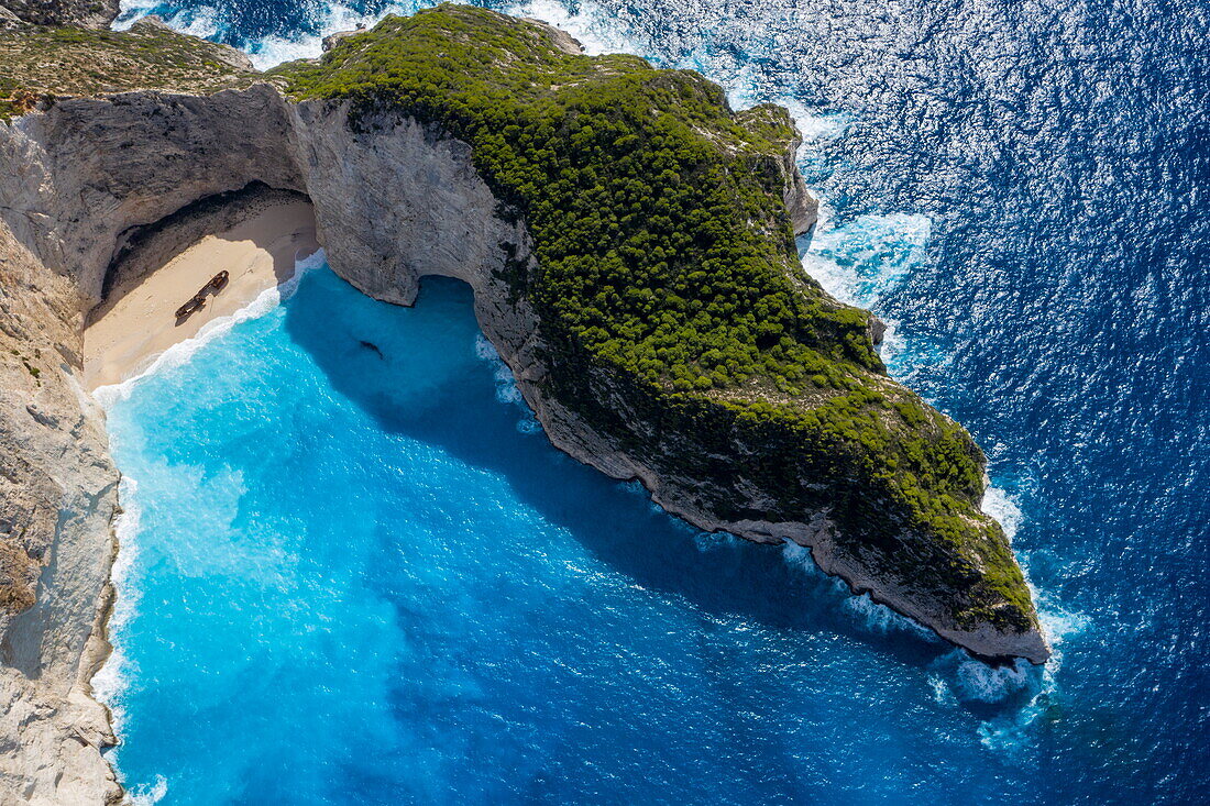 Aerial view of the rusting ship MV Panagiotis that ran aground in 1980, Shipwreck Beach, Zakynthos, Ionian Islands, Greece, Europe