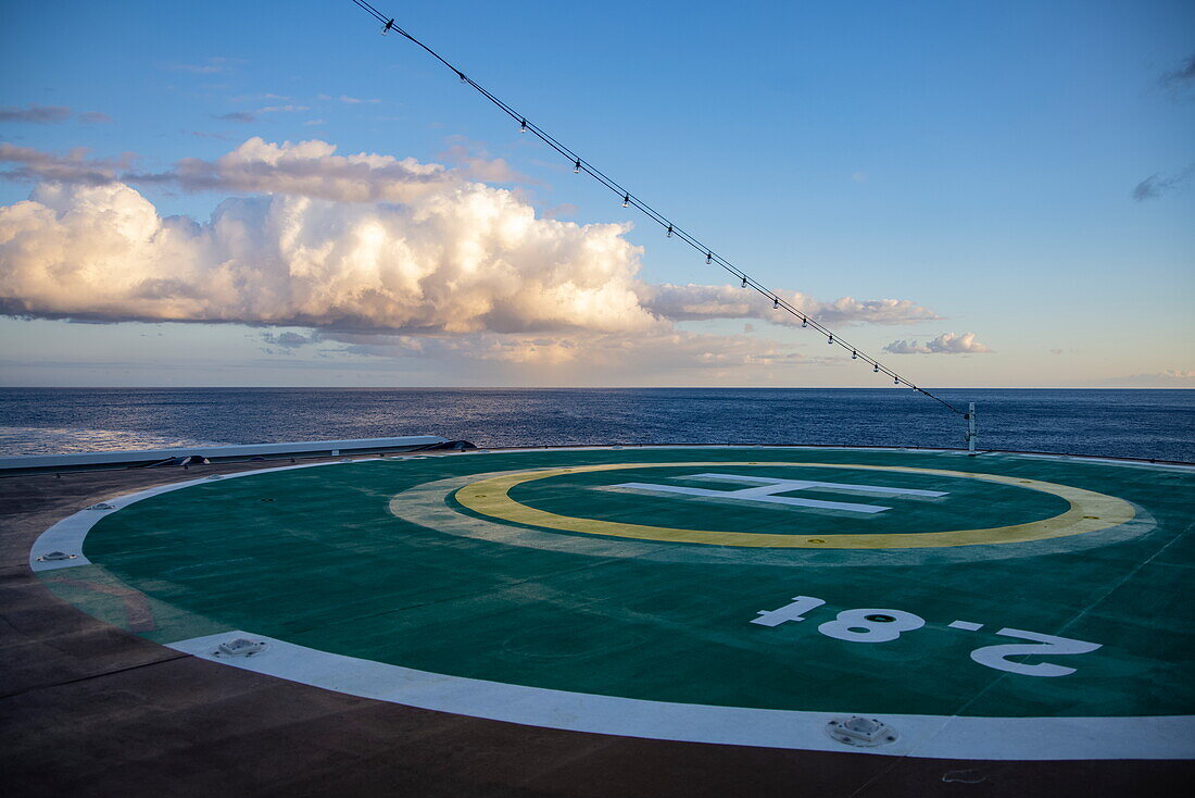 Helipad aboard expedition cruise ship World Voyager (Nicko Cruises), at sea, near La Gomera, Canary Islands, Spain, Europe